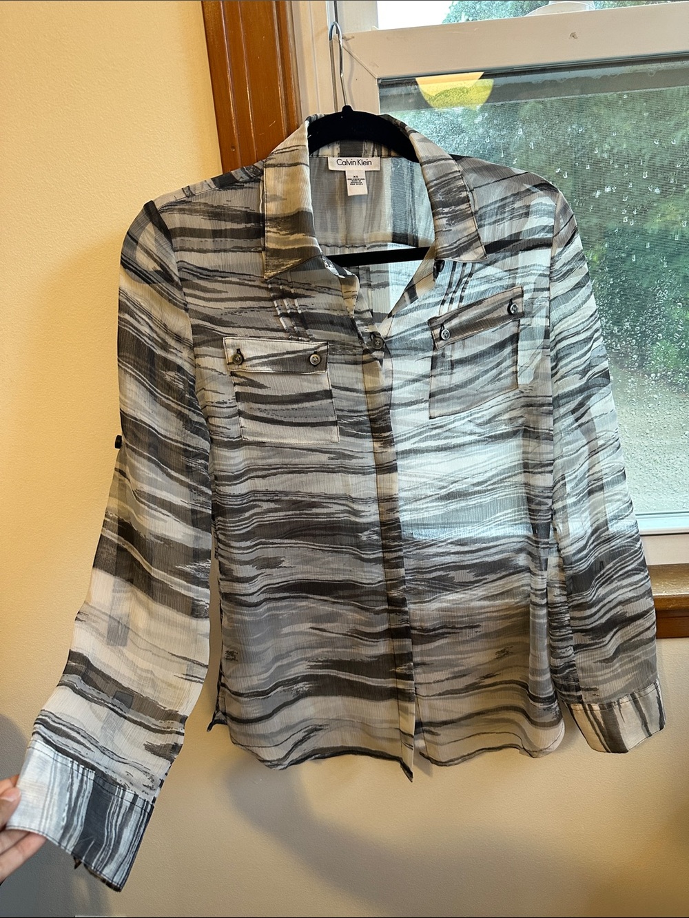 Calvin Klein Vintage Black & White Striped Button-Down Sheer Shirt Blouse
